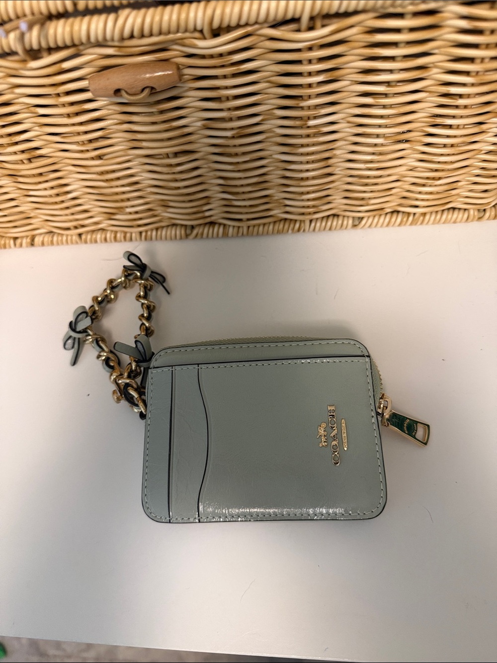 Coach Pale Blue Leather Wristlet Card Case with Chain